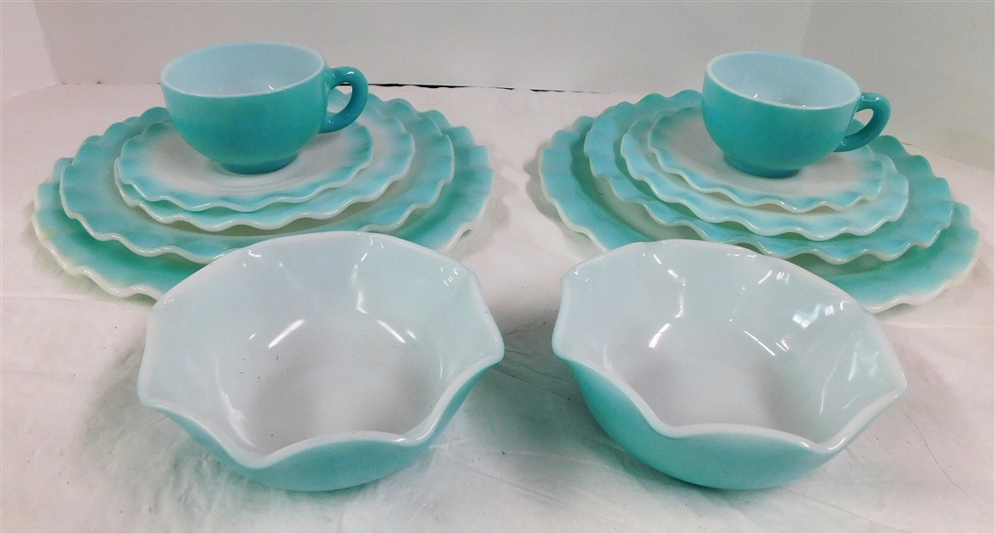 12 Pieces of Blue Hazel Atlas "Ripple" including 10 1/4" Dinner Plate, 8 7/8" Dinner Plate, and Cereal Bowl