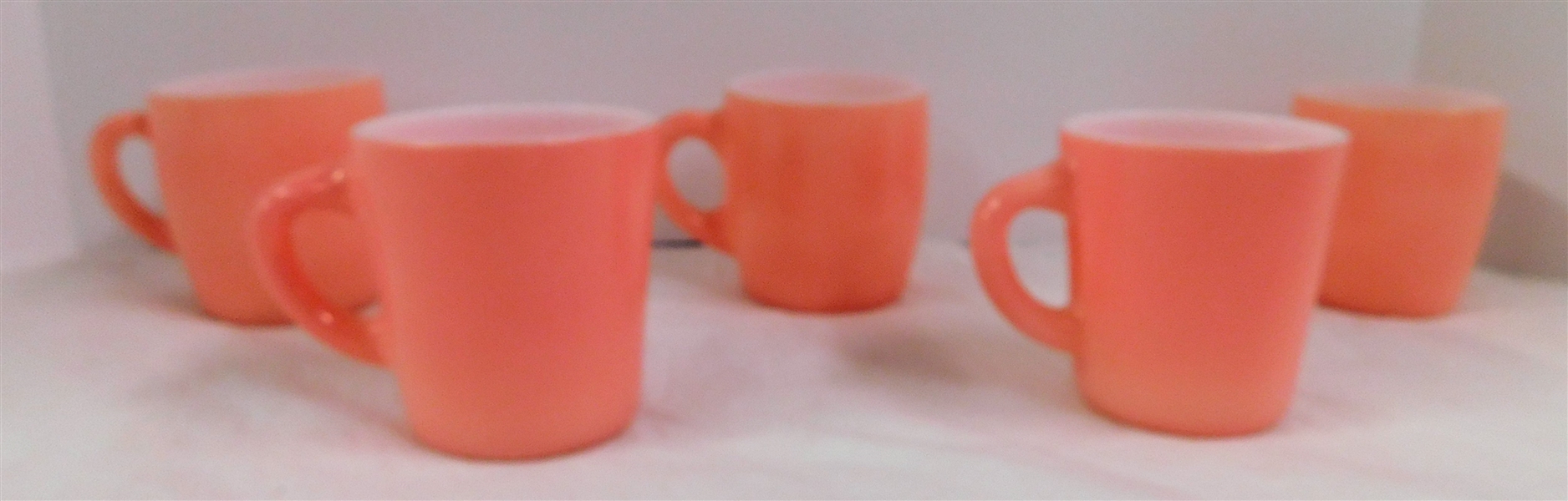 6 Hazel Atlas Pink "C" Handle Mugs - 2 Marked HA - 3 Marked A-(Numbers)