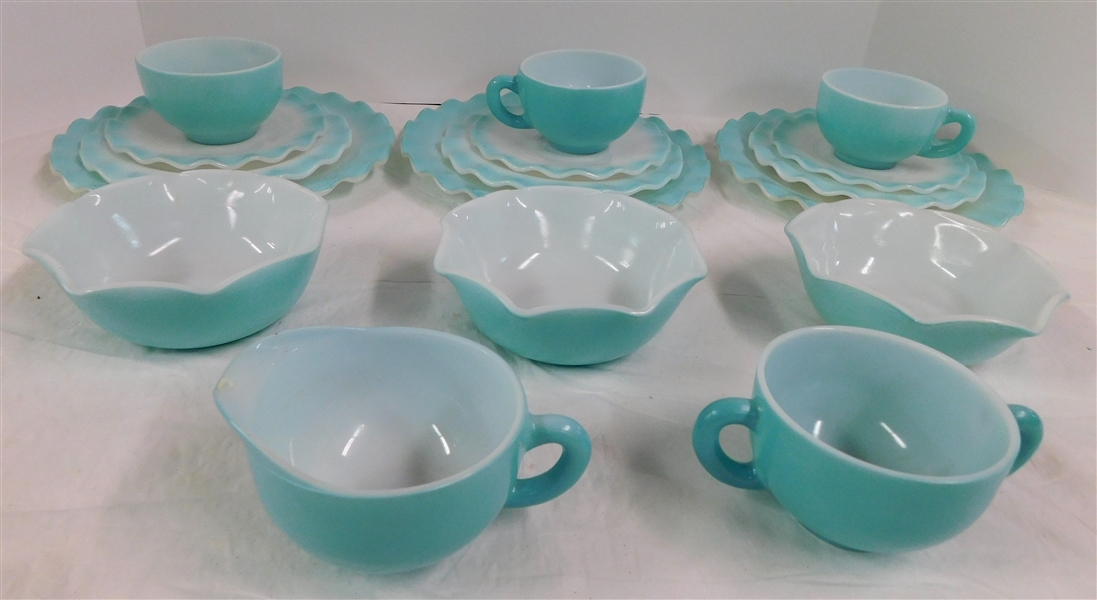 17 Pieces of Blue Hazel Atlas "Ripple" including Dinner Plate, Cereal Bowl, Cup and Saucer Sets, and Cream and Sugar