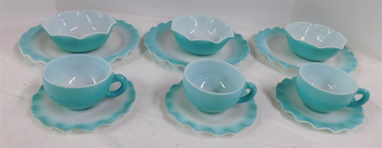 12 Pieces of Blue Hazel Atlas "Ripple" including 3 - 8 7/8" Dinner Plates, 3 Cereal Bowls, 3 Cup and Saucer Sets