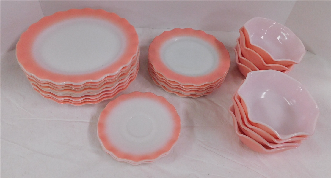 26 Pieces of Pink Hazel Atlas "Ripple" including Cereal Bowls, Dinner Plates, Saucers, and Other Plates