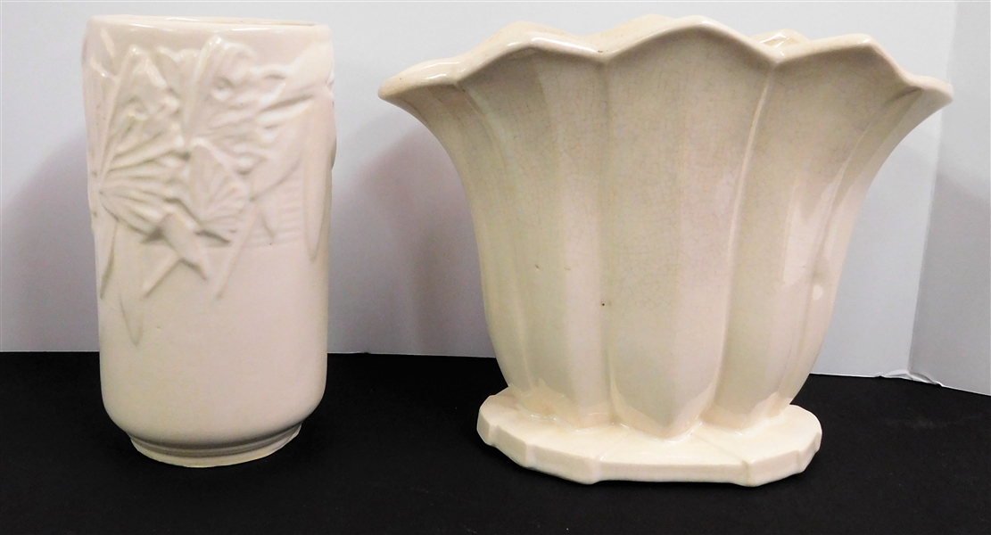 2 Signed McCoy Vases - 8 1/2" Butterfly Vase Faintly Signed Nelson McCoy - Tulip Vase has Some Crazing 