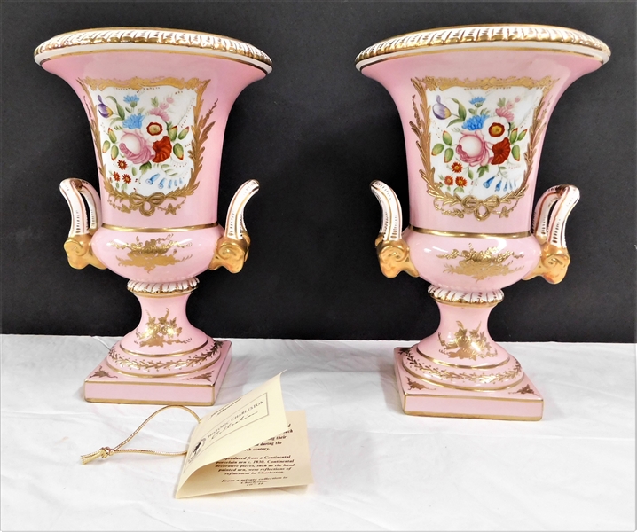 Pair of Jeanne Reed "Historic Charleston Collection" Pink Urns - Reproductions of 1830s Urns - 10" tall - With Original  Tags Inside