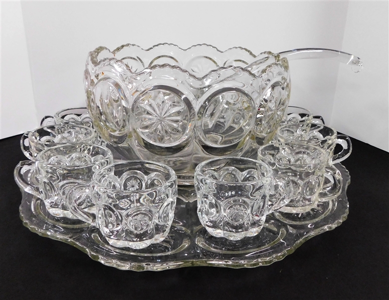 Nice  Early American Press Glass Punch Bowl with Underplate, 12 Cups, and Glass Ladle - Bowl measures 10 1/2" across, Platter Measures 17" Across