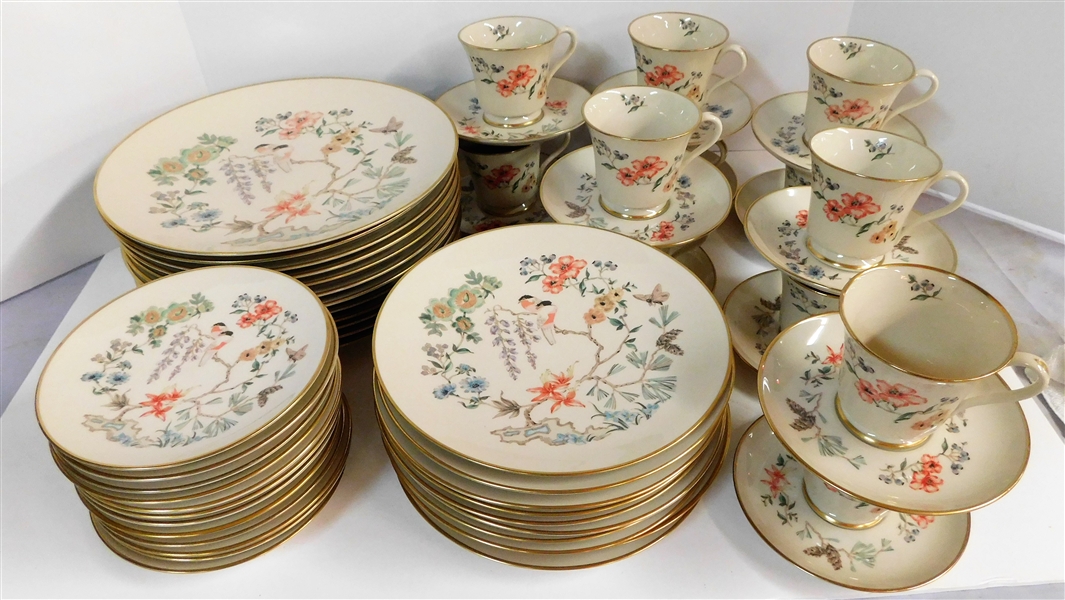 58 Piece Set of Gorham "Chinoiserie" China including Dinner Plates, Salad Plates, Bread/Butter Plates, and Cup and Saucer Sets- 1 Saucer is Chipped - Never Used