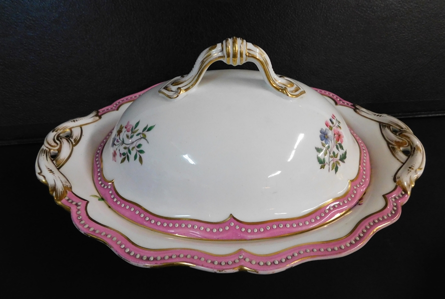 2 Pink and White Floral Covered Bowls - 13" Long by 9 3/4"