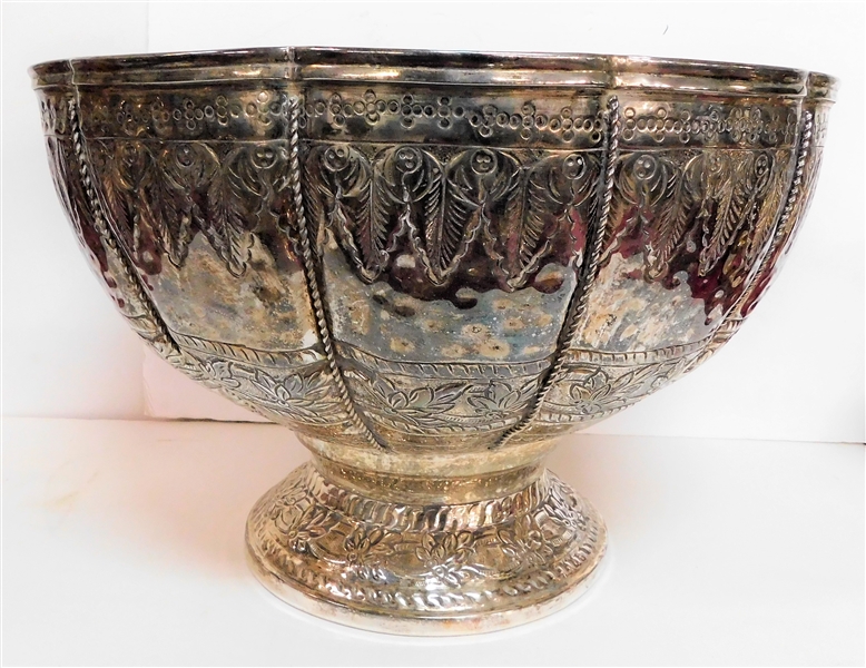 Floral Decorated Hand Hammered Punch Bowl - Made in India - 10 1/2" tall 16" Across