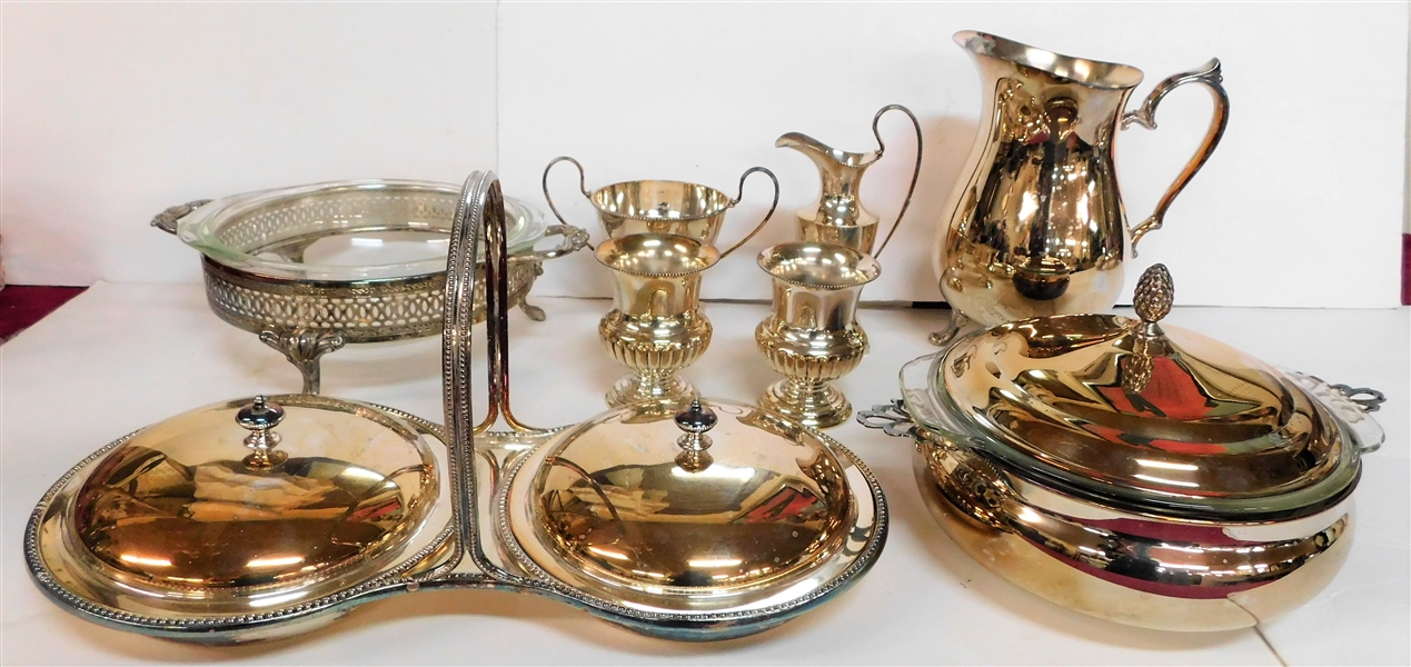 Lot of Silverplate including Pitcher, Double Covered Dish, Casseroles with Stands, Cream and Sugar Sets