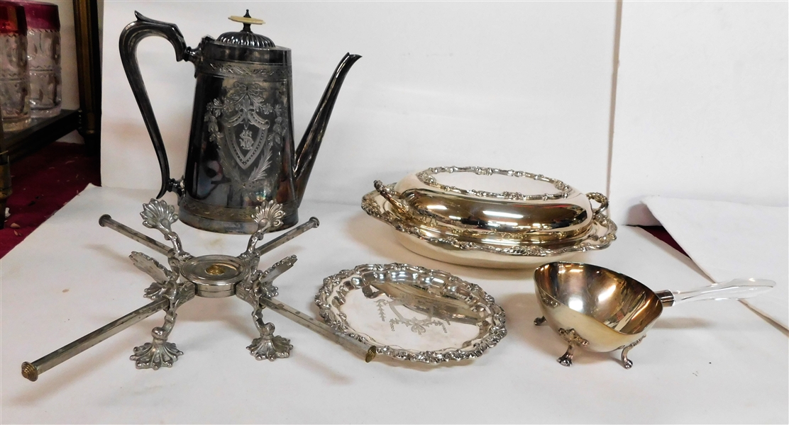 Lot of Silverplated Items including Oval Covered Dish, Monogrammed Tea Pitcher, Footed Ladle, and Adjustable Trivet