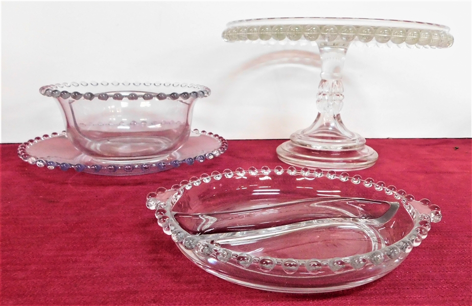 Candlewick Cake Stand, 2 Divided Bowls, and Plate - Cake Stand Measures 5 1/2" Tall and 8 3/4" across