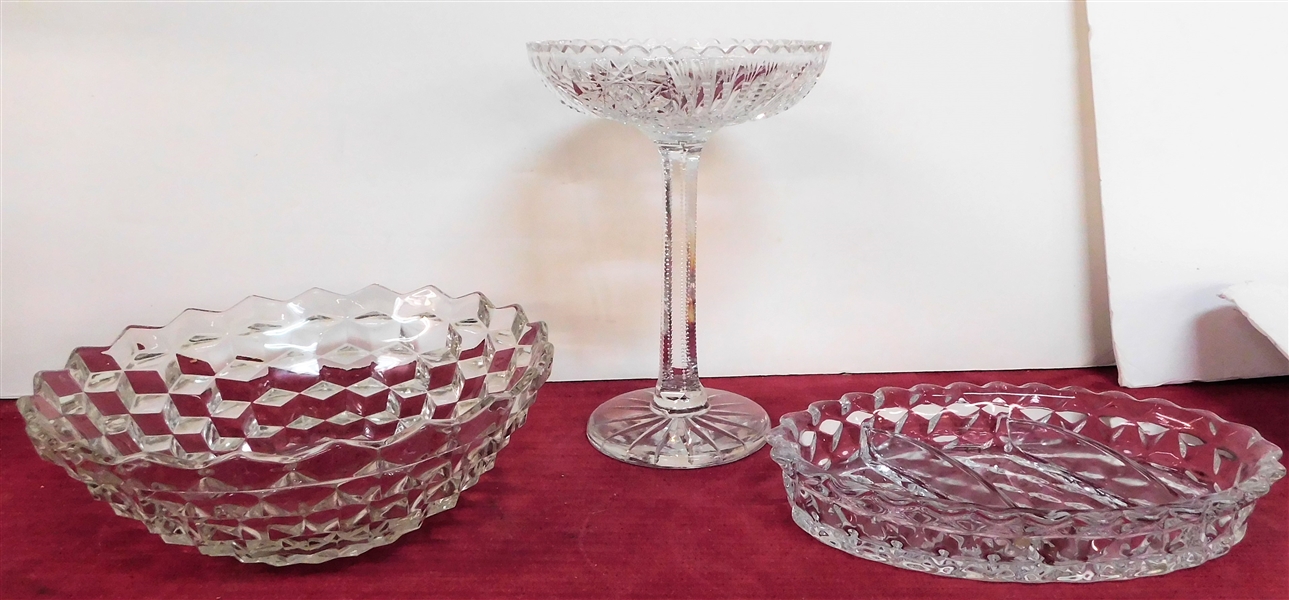 Tall Cut Glass Compote and 2 American Fostoria Bowls - Oval is Divided - Round Measures 9" Across