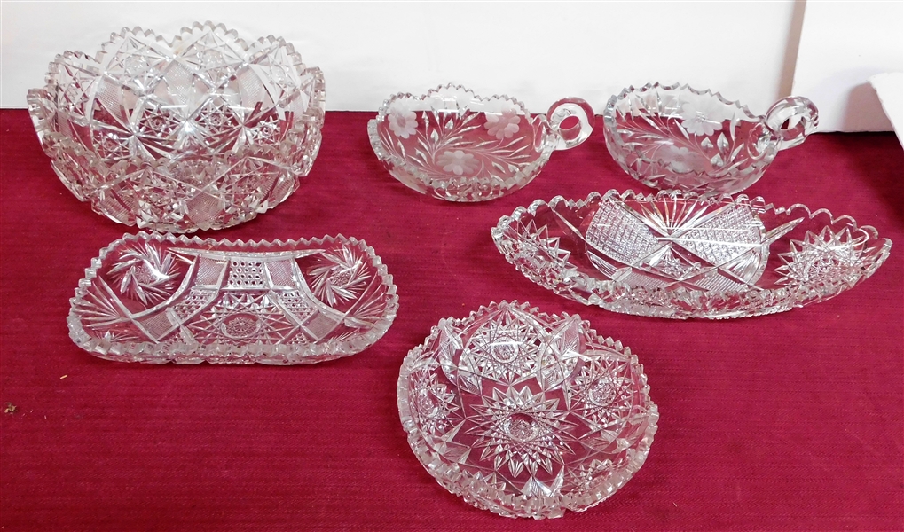 6 Pieces of Cut Glass including Nappys, Round Bowl, Oval Bowl - All Have Minor Nicks 