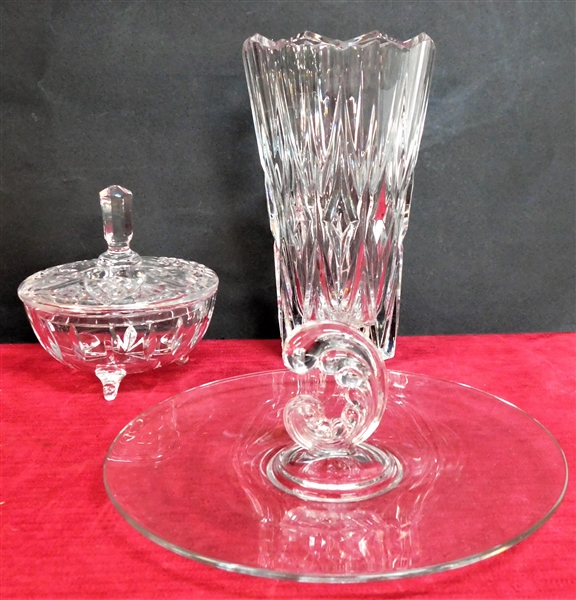 11" Heavy Crystal Vase, Covered Candy Dish, and Elegant Sandwich Plate