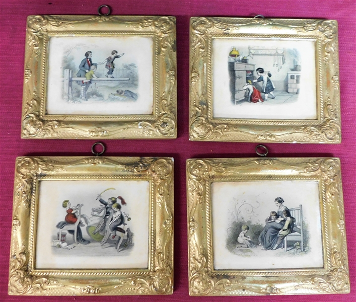 Set of 4 Borghese Scenic Chalk Plaques 7" by 8 1/4" - 1 Has Some Chips, Other Has Some Gold Flaking - See Photos