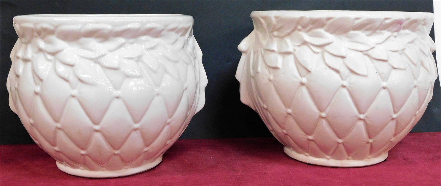 Pair of Signed McCoy White Planters - 1 Matte Finish 8" tall  and 1 Glossy Finish 7 1/2" tall  - Both 9" Across