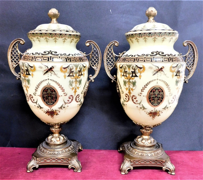 Pair of Gold Decorated Lidded Glass Urns with Brass Bases and Handles - 15" Overall Height - 1 Handled Has Been Reattached Crooked