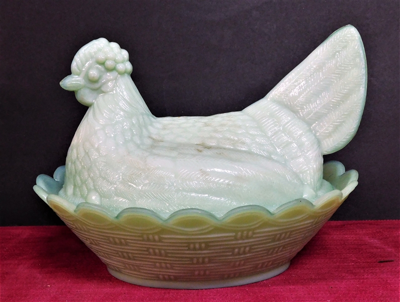 Light Green Hen on a Nest - Small Chip on Rim -6 3/4" tall  8 1/2" by 6 3/4"