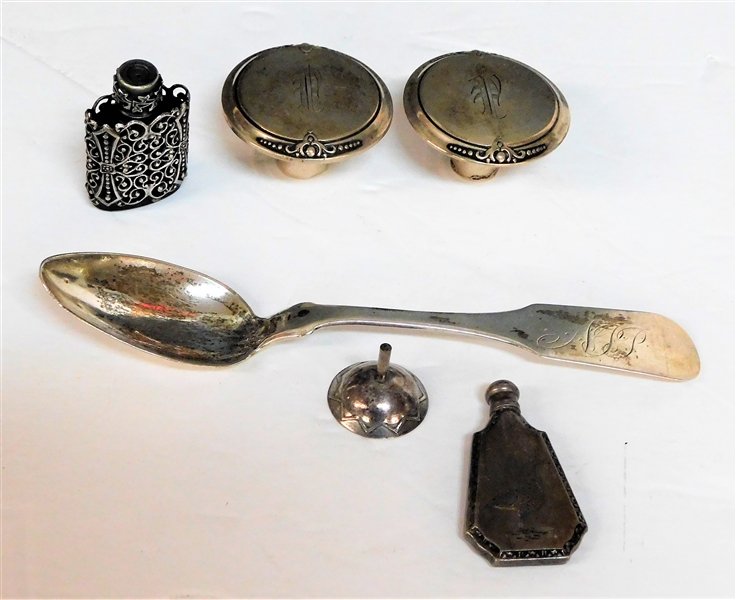 Sterling Silver Miniature Perfume Bottle, Sterling Miniature Funnel, Raymond Coin Silver Spoon, and Other Sterling Lids