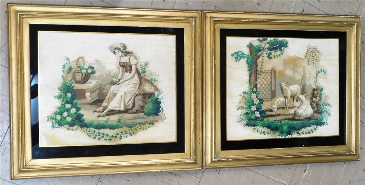 Pair of Borghese Framed Prints - Sheep and Girl Picking Flowers - Framed - Frames Measure 15 1/4" by 17"