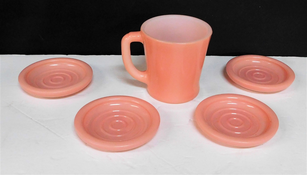 Pink Fire King D Handle Mug and 4 Pink Glass Coasters