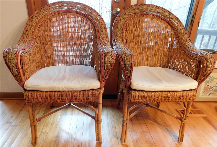 Pair of Pottery Barn Wicker Arm Chairs - Green and Rust Woven Details - 39 1/2" tall 25" by 19"