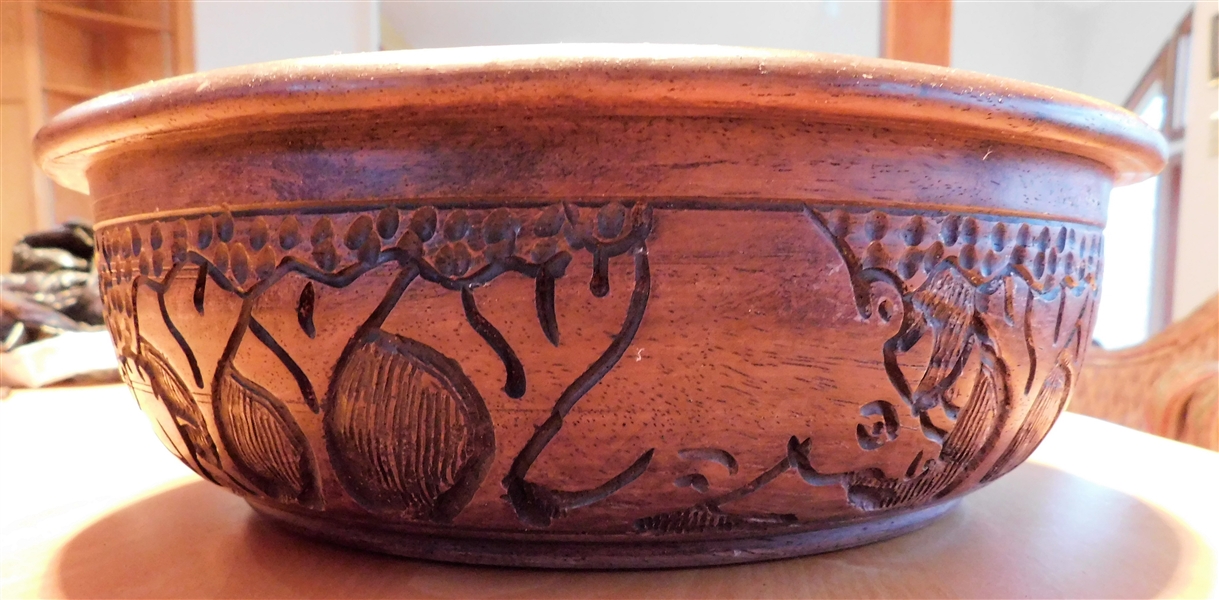 Iron Wood Carved Bowl with Rhino, Elephants, Giraffes, and Trees - 12" Across 4" tall