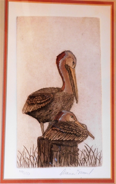 Dianne Krumel, Gulf Coast Artist -Pelican  Etching - Artist Signed and Numbered 140/500 - Framed and Matted - Frame Measures 14" by 10"