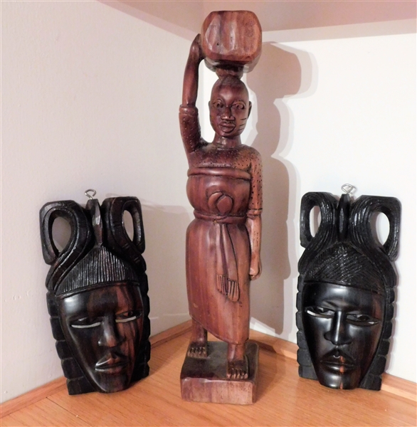 Hand Carved Statue and Iron Wood Carved Masks - Masks Measure 8" long