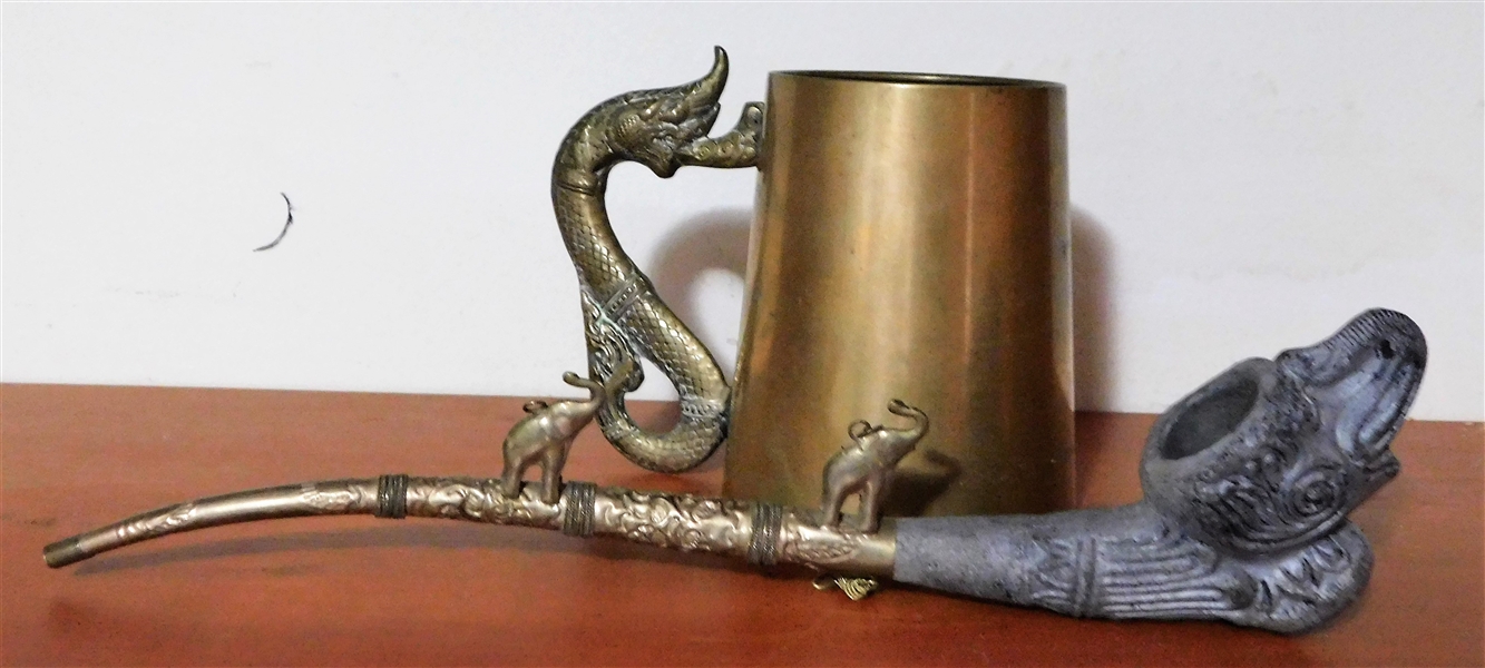 Brass Mug and Elephant Pipe - Mug Measures 4 1/4" tall Pipe 11 1/2" long