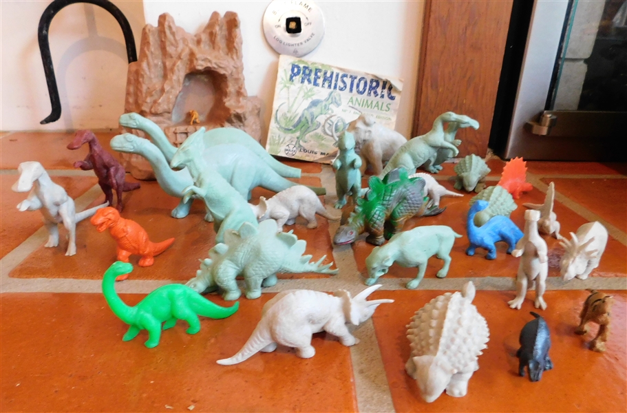 Lot of Dinosaurs -Some Marx with Original Papers, Back Row Have Broken Tails - Cave is Marx