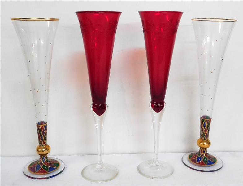 4 Champagne Flutes - 2 Red with Etched Holly and 2 With Gold Decoration 