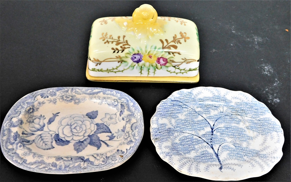 Limoges China Small Floral Covered Divided Dish 3" tall  4" by 2", Copeland Blue and White Transferware Miniature Platter 4 3/4" by 3 1/2", and Other 4" by 4" 