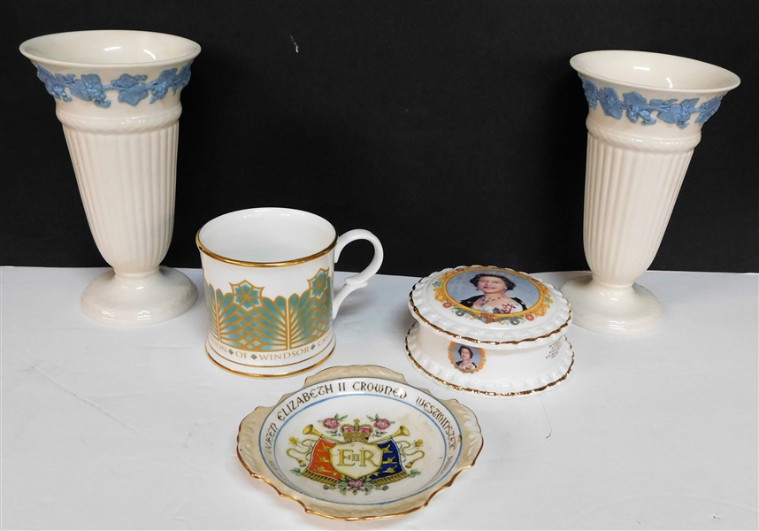 Pair of Wedgwood Vases 6 1/2", Windsor Castle Restoration Mug, Sheltonian China Golden Jubilee Powder Dish, and 1953 Coronation Ashtray 