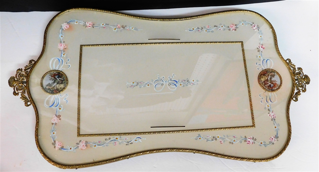 Footed Dresser Tray with Courting Scenes and Hand painted Flowers and Bows - Glass Top  - Measures 22 1/2" by 12" 