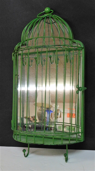 Hanging Green Painted Metal Bird Cage Jewelry Holder with Hooks and Mirrored Back - 19" long  9" wide