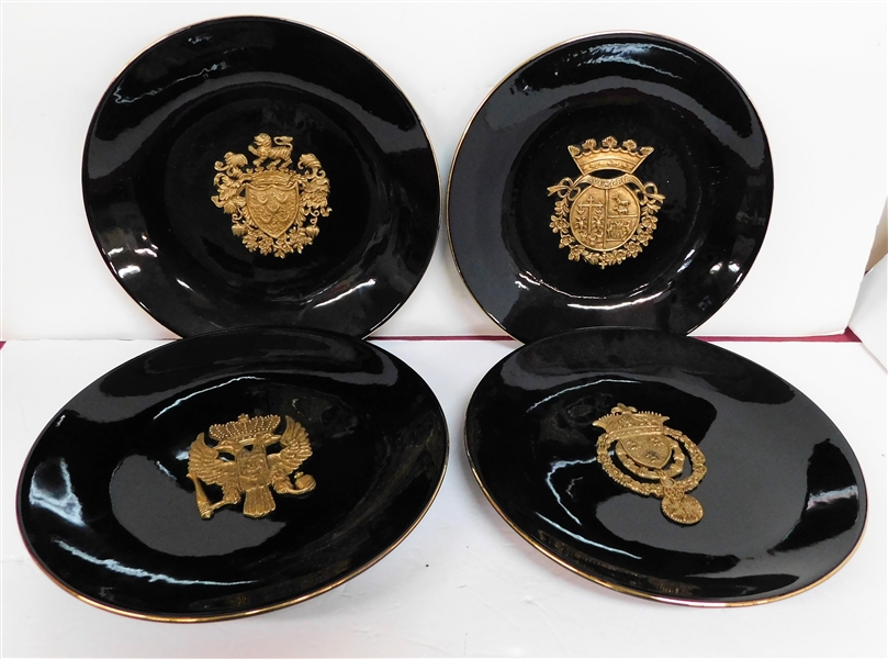 4 Orie Black Plates with Gold Trim - Metal Crests in Center - 10 3/8" Across