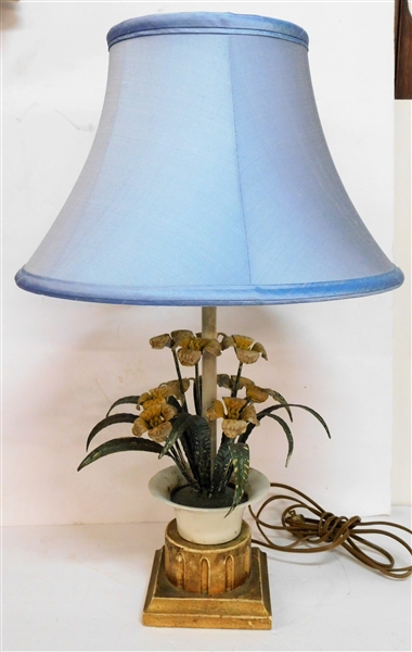 Table Lamp with Yellow Metal Flowers and Nice Blue Shade - 20" Total Height