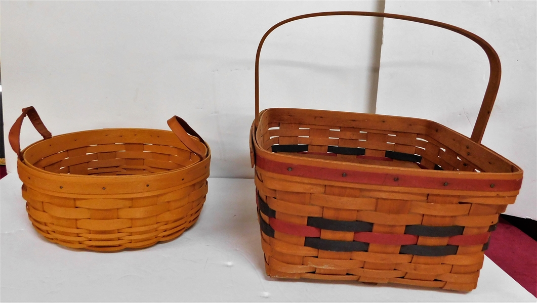 2 Longaberger Baskets - 1988 Cake Basket with Insert and 1998 Round with Leather Handles