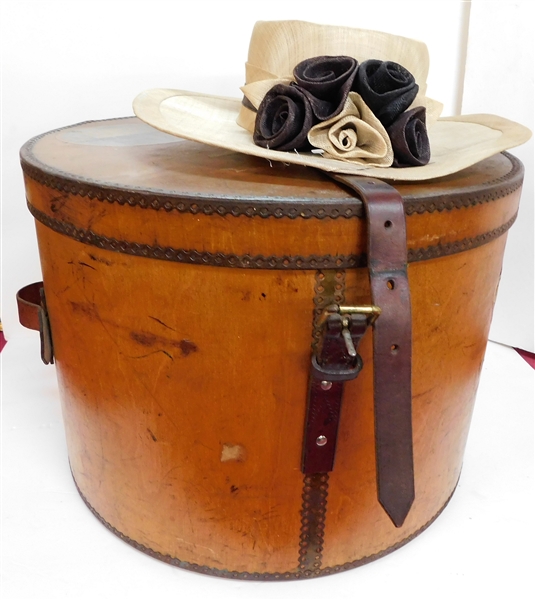 Wood Round Hat  Box with Leather Straps and Handles - with Hat  - Box Measures 13" tall 19" across