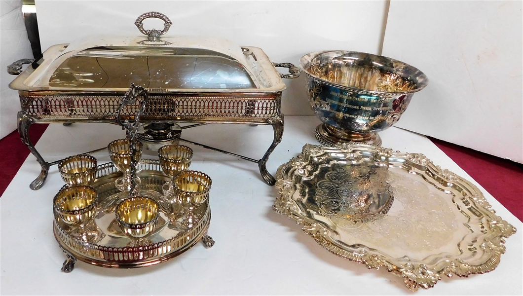 Lot of Silverplated Items including Egg Holder, Footed Platter, Presentation Bowl, Rectangular Chafing Dish without Insert - Bowl Measures 6" tall 9" Across