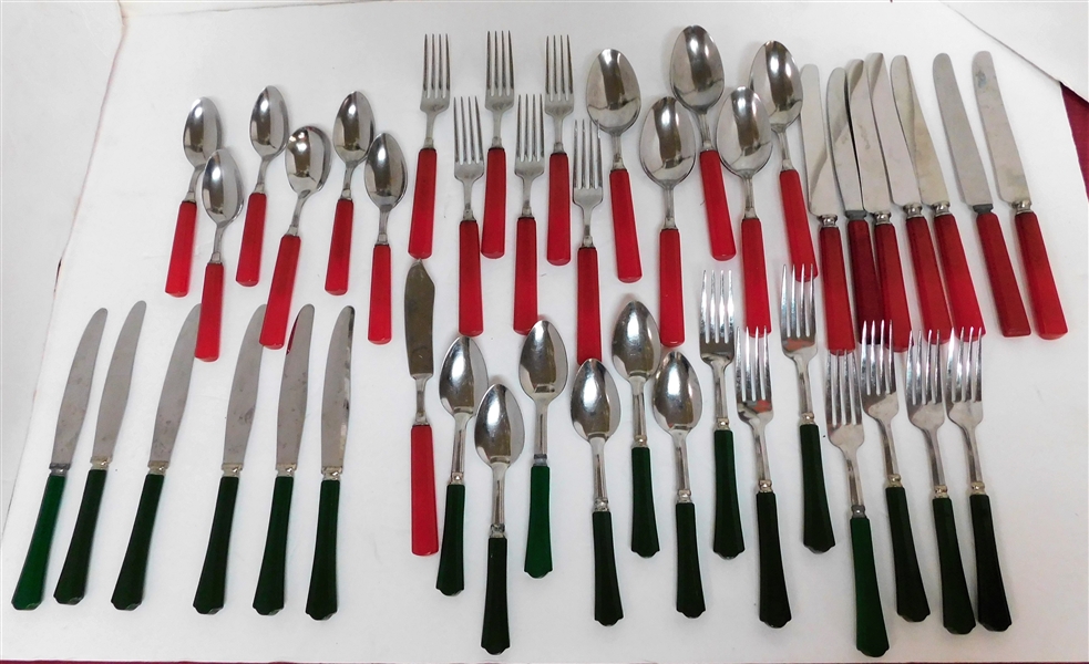 44 Pieces of Universal Stainless Flatware with Red and Green Bakelite Handles 