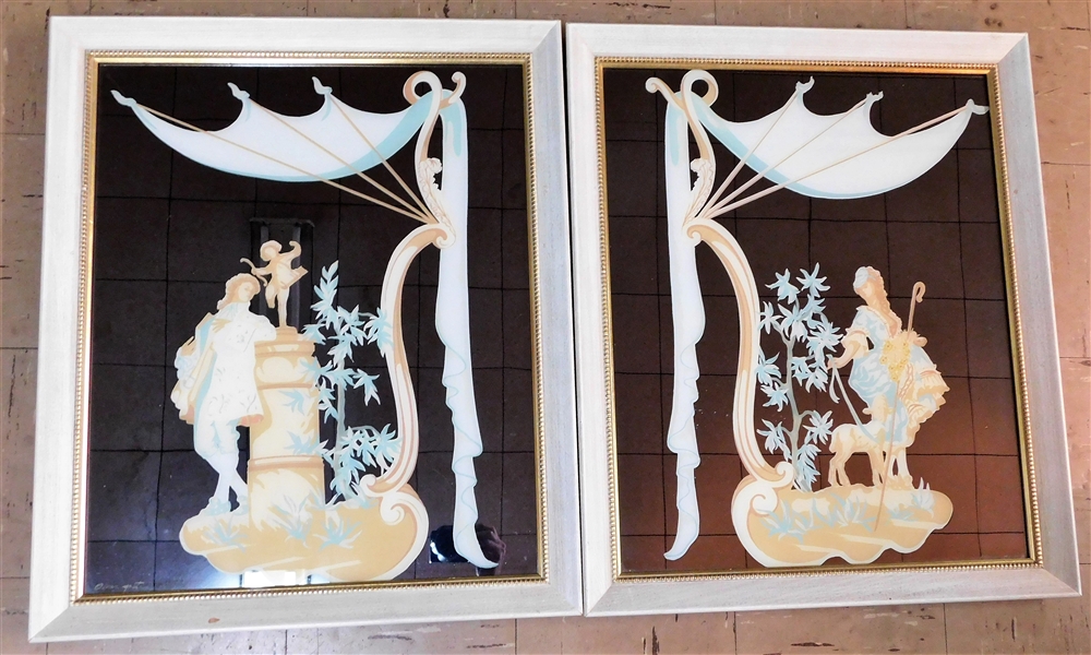 Pair of Mirrored Oscar Petrie Reverse Paintings Framed - Frames Measure- 25" by 21"