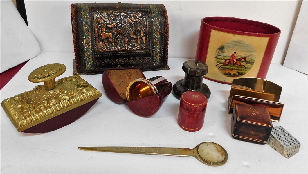 Lot of Desk Items including Leather Letter Holder, Miniature Playing Cards in Leather Box, Letter Opener, Blotter, Card Holder, Paperweight, Etc. 