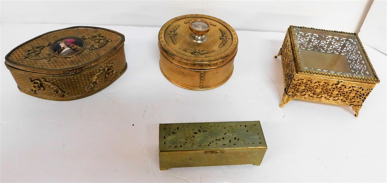 Lot of Dresser Boxes including - Apollo Round Powder Dish, Oval Jewelry Box, and  Square with Glass Top Measures 2 1/2" tall 4" by 4"