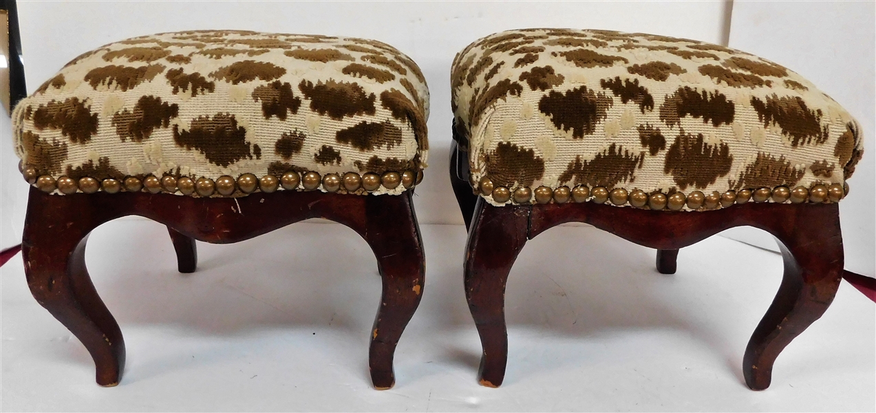 Pair of French Style Foot Stools with Nail Head Trim - 8" tall 9" by 9" - One Has Mended Leg