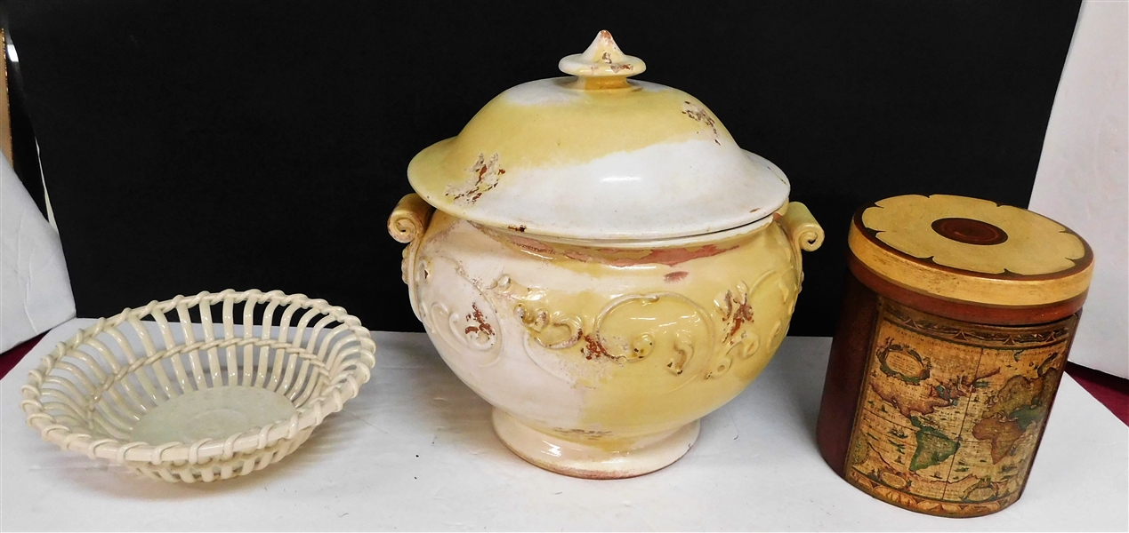 Italian Distressed Pottery 9" Lidded Pot, Italian Ceramic Jar with Map, and Reticulated Bowl 