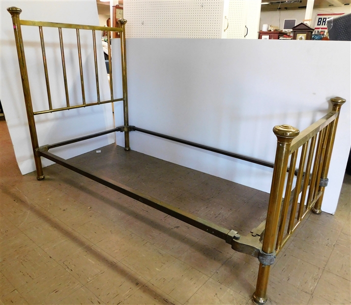 Very Heavy Brass Bed with Brand New 3/4 Sized Mattress and Box Spring - Original Plastic Wrapping - Never Slept On - Some Dents in Post Tops