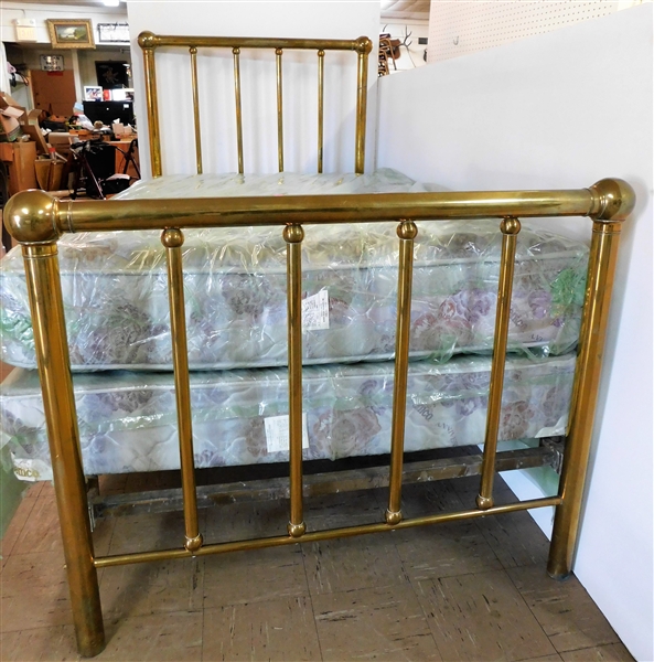 Brass Bed with Brand New 3/4 Sized Mattress and Box Spring - Original Plastic Wrapping - Never Slept On - Needs Repair Where 1 Rail Attaches - See Photos