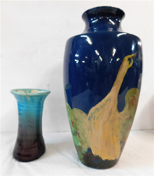 Blue Vase with Hand painted Geese Small Chip on Rim 12 1/2" tall  and Pisgah Forest Vase - Cracked in Kiln - 5 1/2" tall 