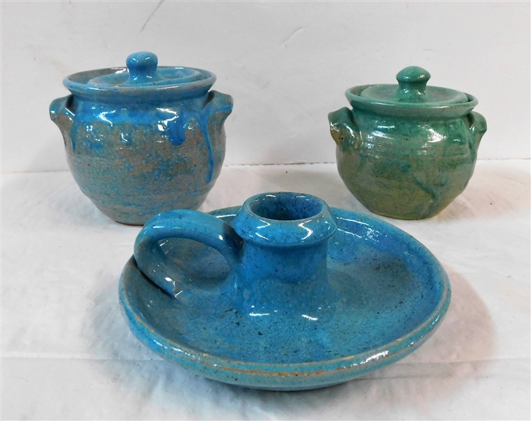 2 Small North State Pottery Lidded Jars and North State Pottery Candle Holder - Blue Jar 3 1/2" tall - Some Chips on Lid